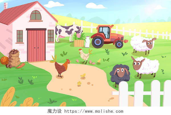 农场里的动物农场扁平插画农场劳作JPG素材农场插画